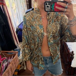 Anthropologie Teal Jacket with Gold Sequin Paisley Embellishment